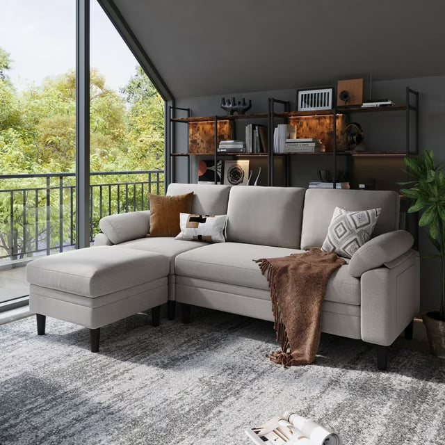 LINSY HOME 82" Reversible Sectional Sofa Couch, 3 Seater L -Shaped Sofa with Movable Ottoman for Living Room
