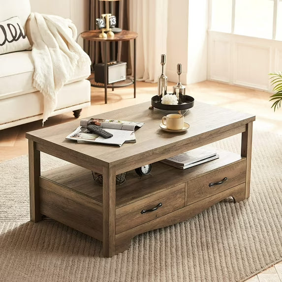 LINSY HOME Coffee Table with Storage Drawers, Wooden Farmhouse TV Stand Center Table for Living Room