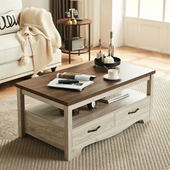 LINSY HOME Coffee Table with Storage Drawers, Wooden Farmhouse TV Stand Center Table for Living Room
