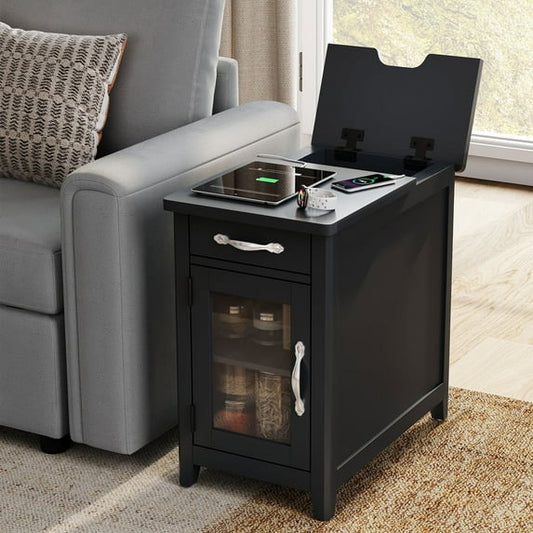 LINSY HOME End Tables for Living Room with Charging Station, Nightstand for Bedroom with Drawer and Detachable Holder,Black