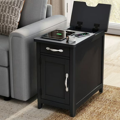 LINSY HOME End Tables for Living Room with Charging Station, Nightstand for Bedroom with Drawer and Detachable Holder