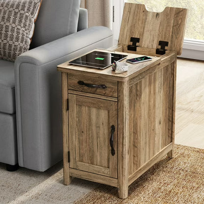 LINSY HOME End Tables for Living Room with Charging Station, Nightstand for Bedroom with Drawer and Detachable Holder