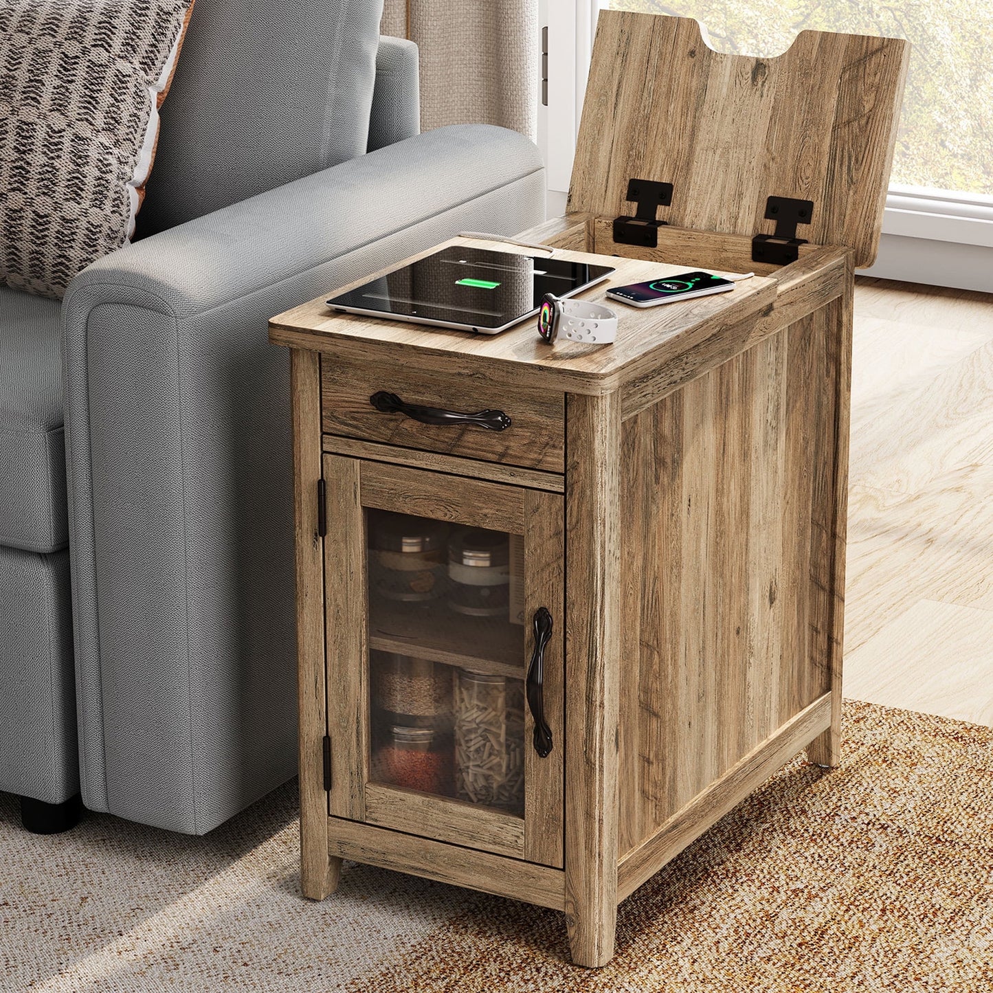 LINSY HOME End Tables for Living Room with Charging Station, Nightstand for Bedroom with Drawer and Detachable Holder