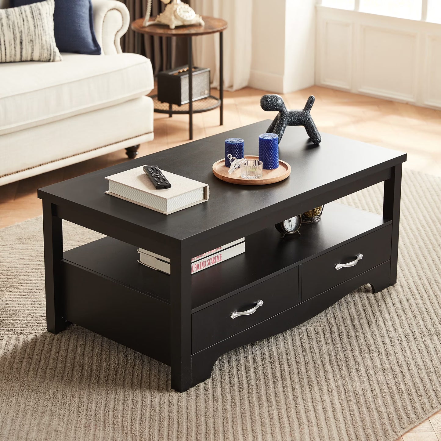 LINSY HOME Coffee Table with Storage Drawers, Wooden Farmhouse TV Stand Center Table for Living Room