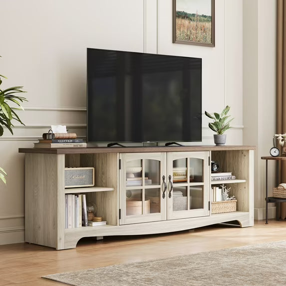 LINSY HOME Modern Farmhouse TV Stand for TVs up to 75", Home Entertainment Center with Storage Cabinet and Adjustable Shelves