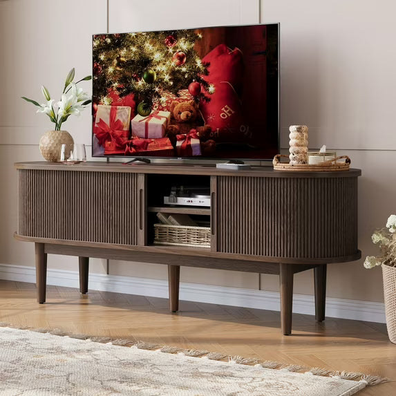 LINSY HOME Fluted TV Stand for TVs up to 65", Mid-Century Home Entertainment Center with Sliding Tambour Door and Adjustable Shelves
