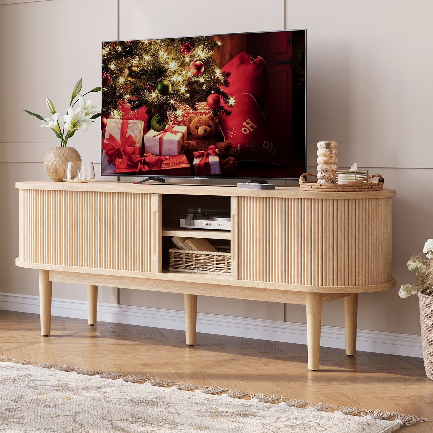 LINSY HOME Fluted TV Stand for TVs up to 65", Mid-Century Home Entertainment Center with Sliding Tambour Door and Adjustable Shelves