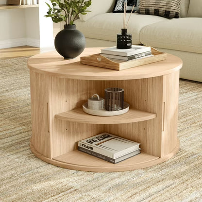 LINSY HOME Fluted Coffee Table Round with Large Storage, Mid-Century Coffee Table for Living Room with Sliding Tambour Door