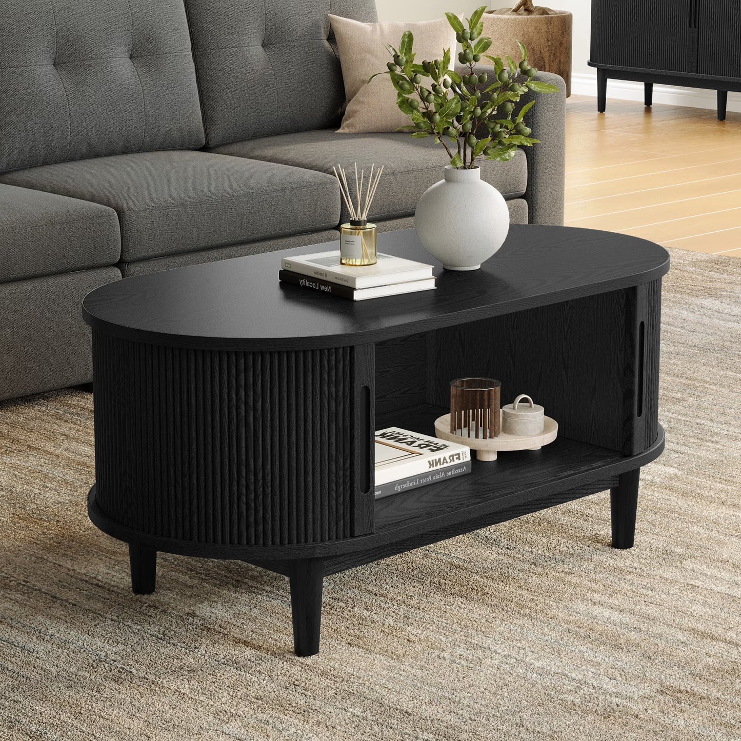 LINSY HOME Fluted Coffee Table with Storage, Mid-Century Coffee Table for Living Room with Sliding Tambour Door