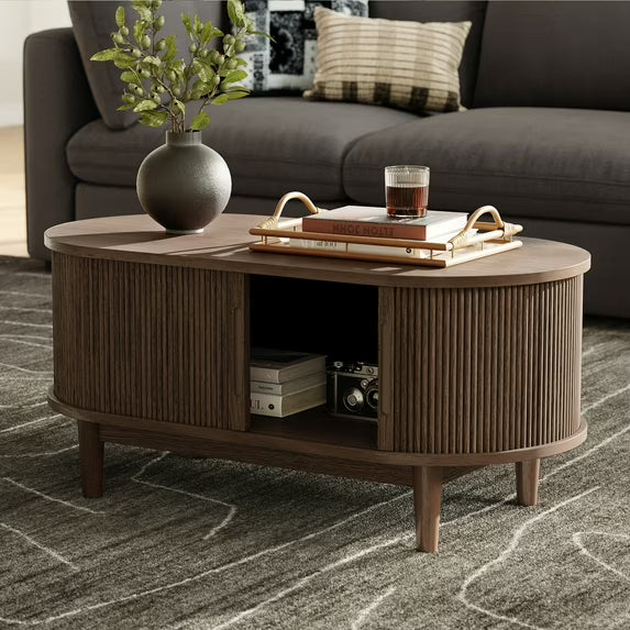 LINSY HOME Fluted Coffee Table with Storage, Mid-Century Coffee Table for Living Room with Sliding Tambour Door