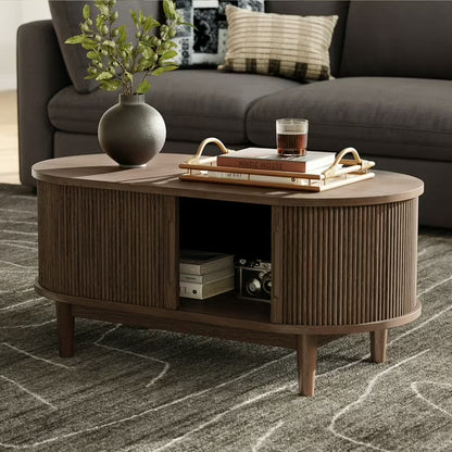 LINSY HOME Fluted Coffee Table with Storage, Mid-Century Coffee Table for Living Room with Sliding Tambour Door