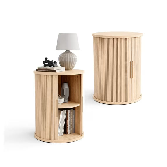 LINSY HOME Fluted Round End Tables for Living Room, Nightstand for Bedroom with with Sliding Tambour Door and Adjustable Shelves