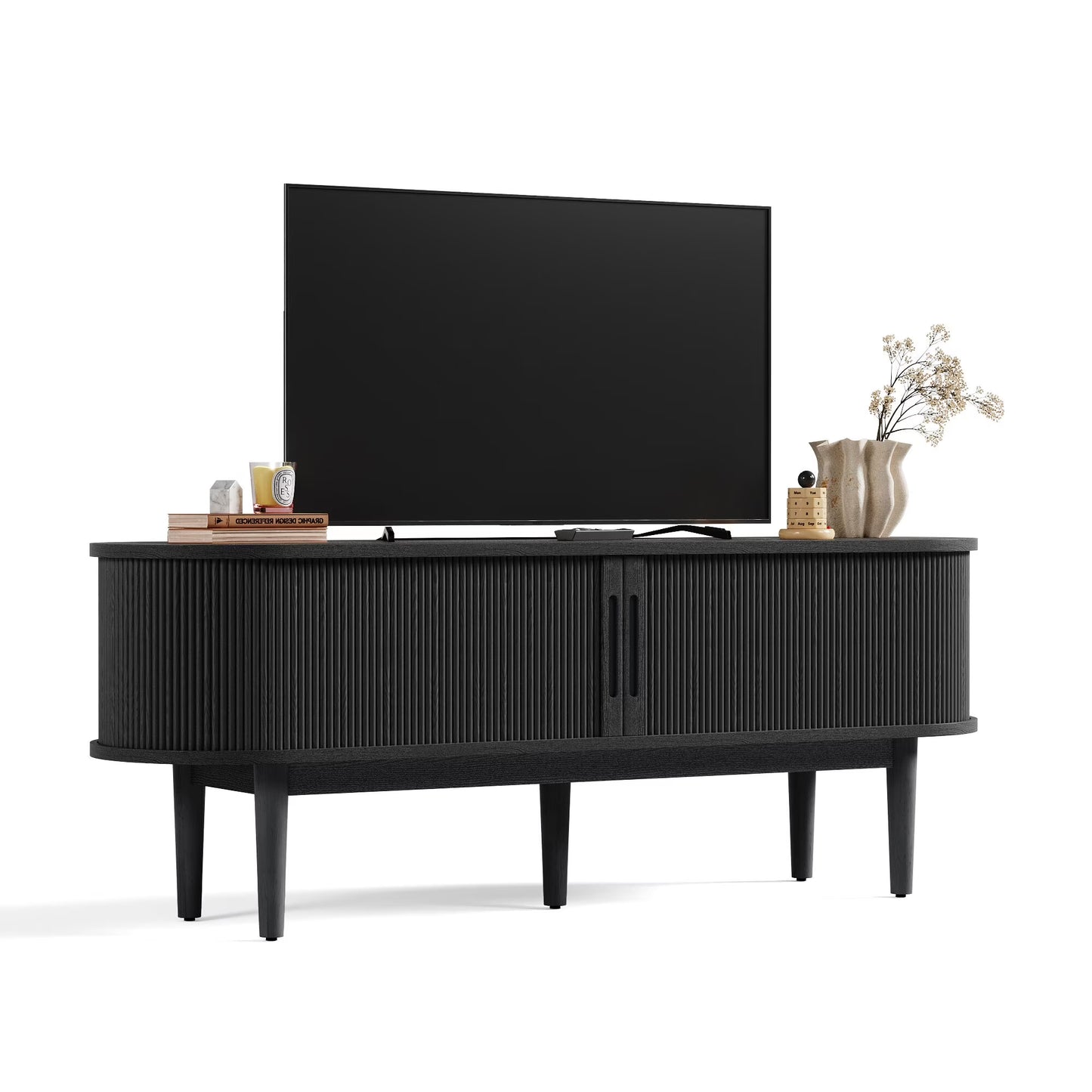 LINSY HOME Fluted TV Stand for TVs up to 65", Mid-Century Home Entertainment Center with Sliding Tambour Door and Adjustable Shelves
