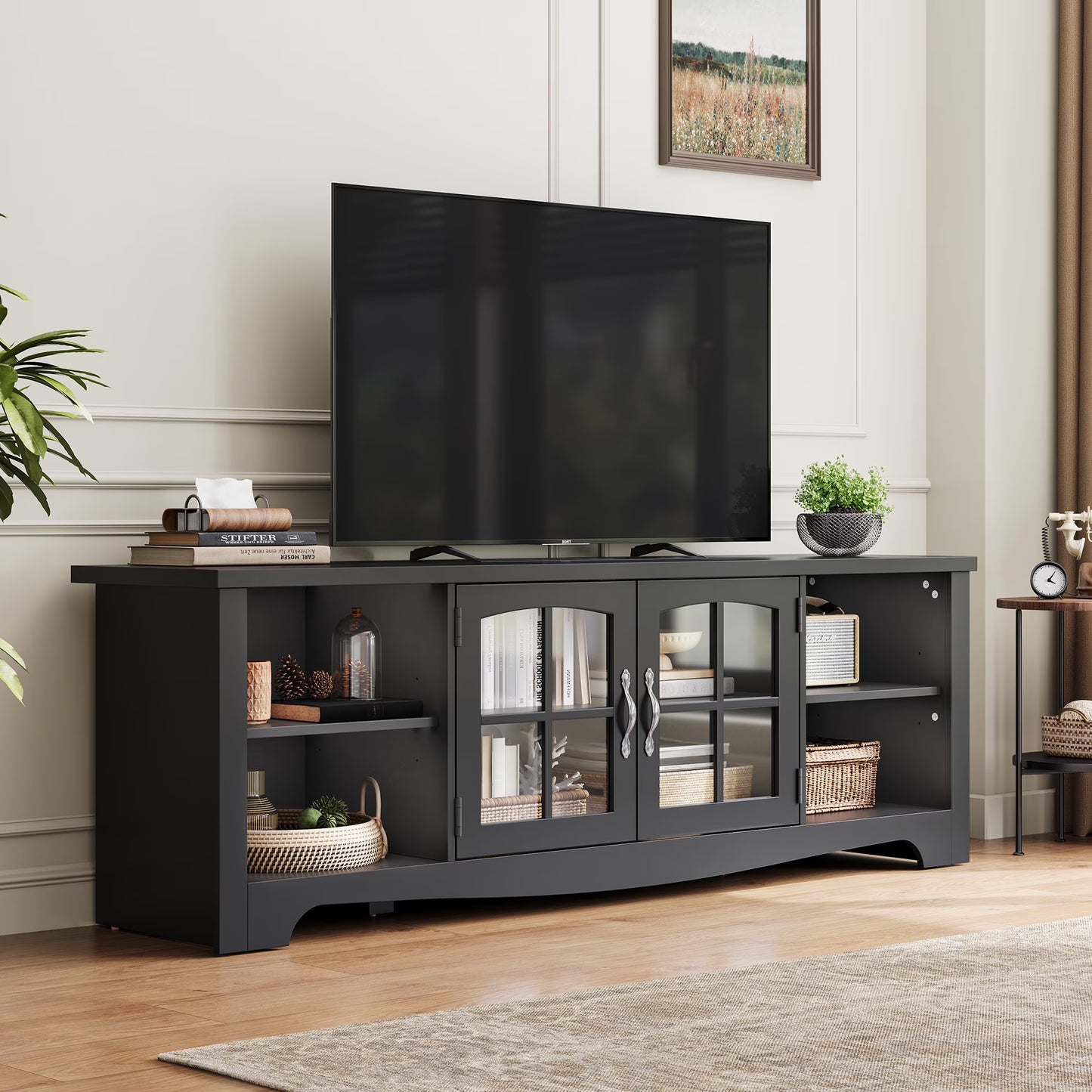 LINSY HOME Modern Farmhouse TV Stand for TVs up to 75", Home Entertainment Center with Storage Cabinet and Adjustable Shelves