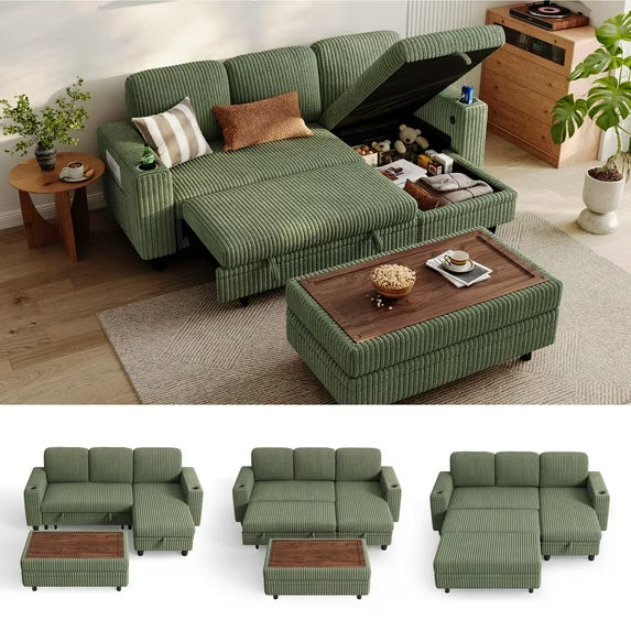 Linsy Home Plush Corduroy Sleeper Sofa Bed with Storage Seat, Pull Out Couch Bed with Multifunctional Storage Ottoman, V-Shaped Sectional Couches for Living Room, Apartment
