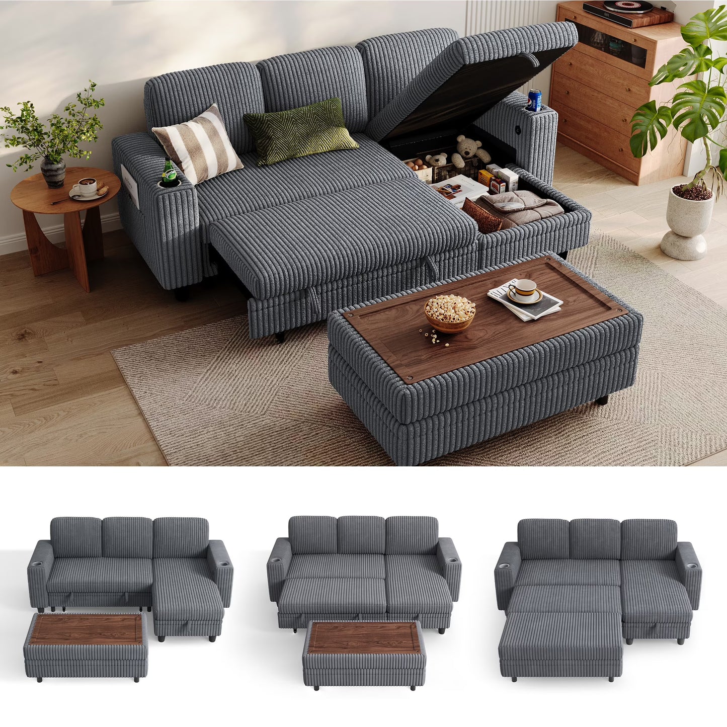 Linsy Home Plush Corduroy Sleeper Sofa Bed with Storage Seat, Pull Out Couch Bed with Multifunctional Storage Ottoman, V-Shaped Sectional Couches for Living Room, Apartment