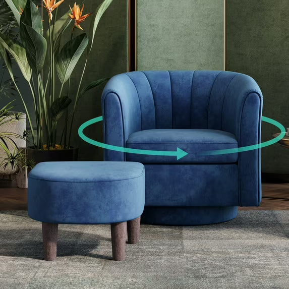 LINSY HOME Swivel Accent Chair with Ottoman, Velvet Barrel Chair for Living Room