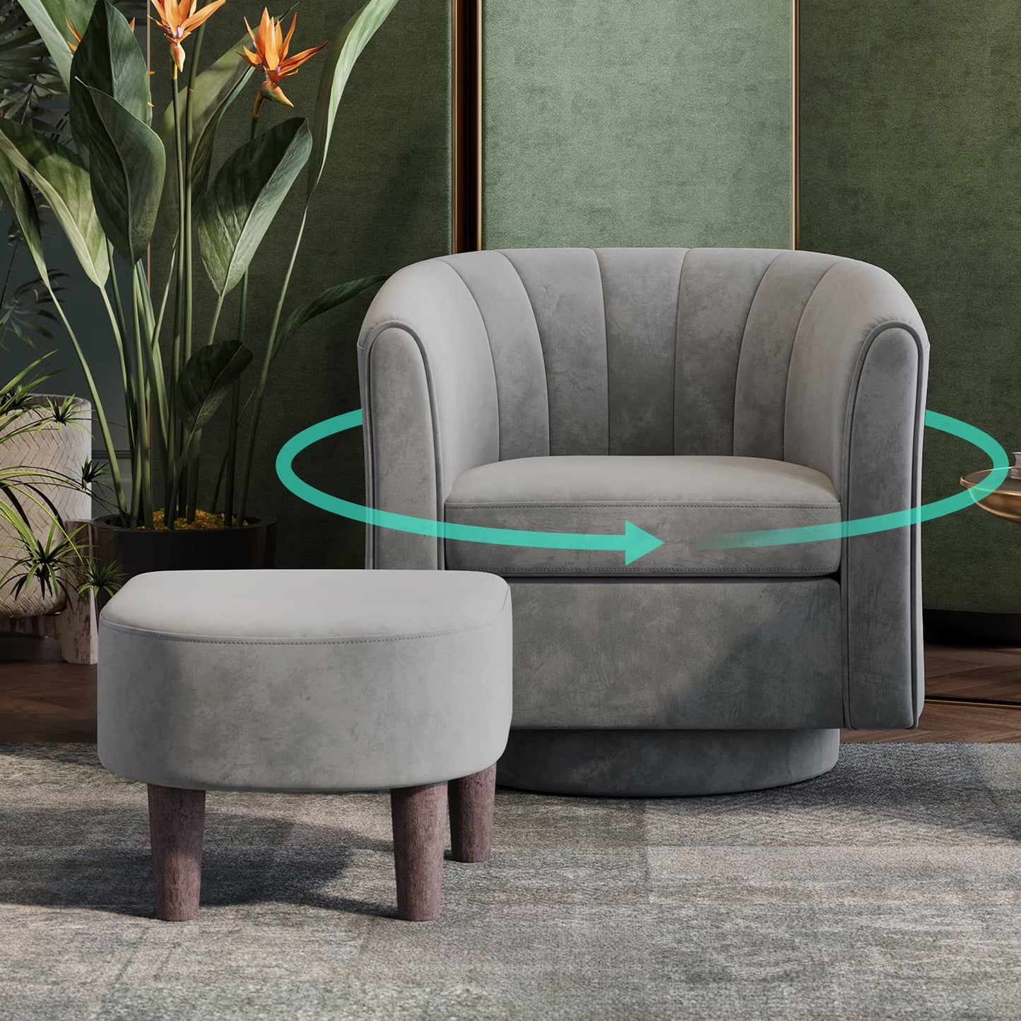 LINSY HOME Swivel Accent Chair with Ottoman, Velvet Barrel Chair for Living Room