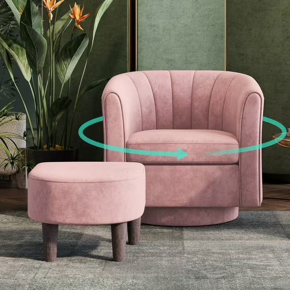 LINSY HOME Swivel Accent Chair with Ottoman, Velvet Barrel Chair for Living Room