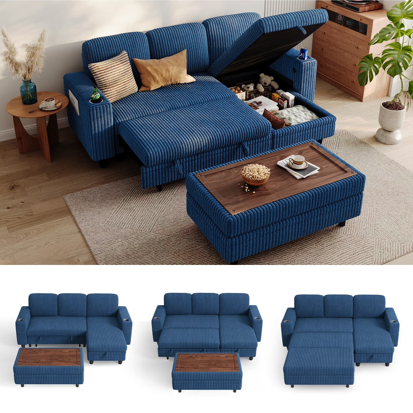 Linsy Home Plush Corduroy Sleeper Sofa Bed with Storage Seat, Pull Out Couch Bed with Multifunctional Storage Ottoman, V-Shaped Sectional Couches for Living Room, Apartment