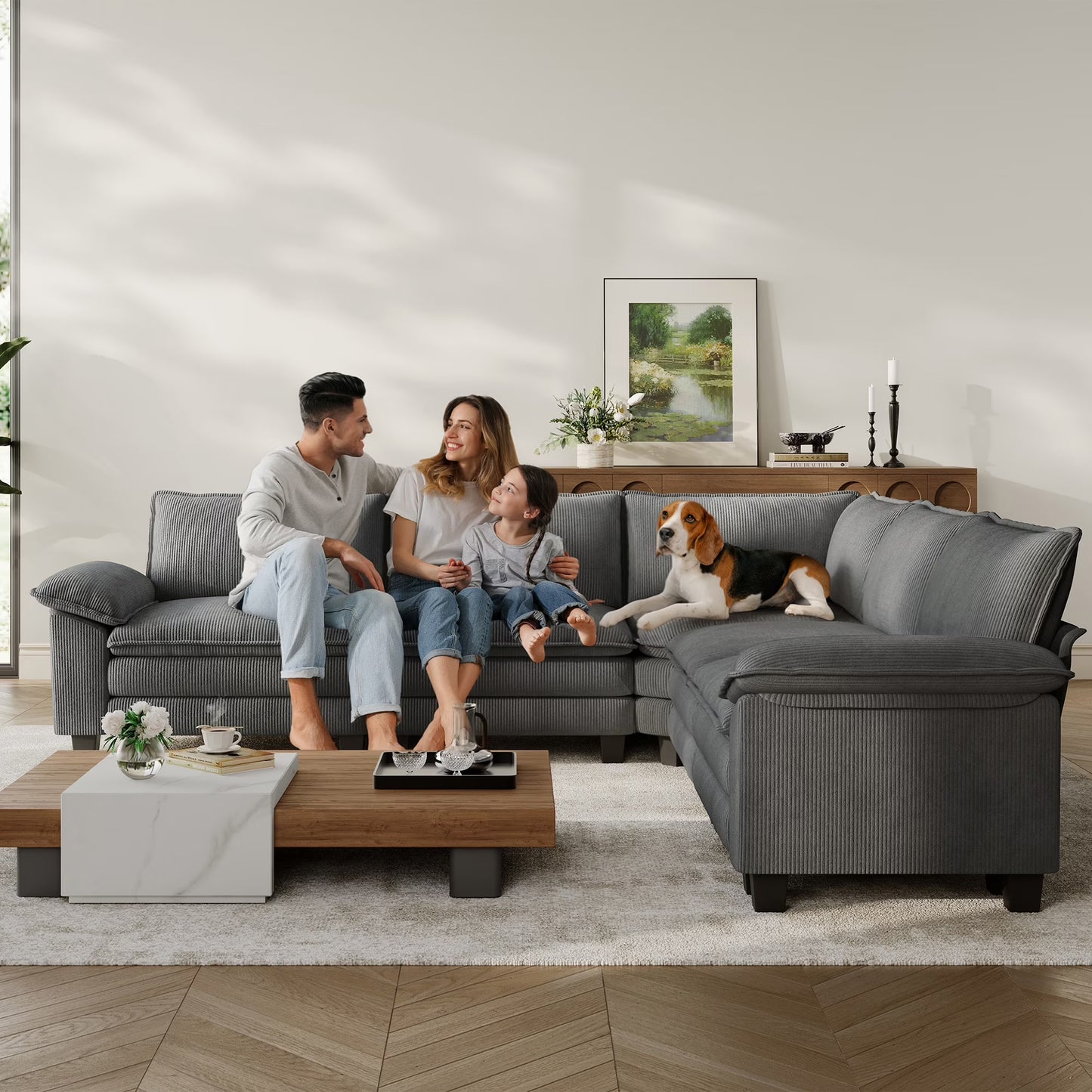 Linsy Home 153" Cloud Modular Sectional Sofa for Living Room, V-Shaped Cloud Sofa Couch with Corduroy Fabric, 5 Seat Oversized Couch with Corner Seat&Movable Ottoman, Green