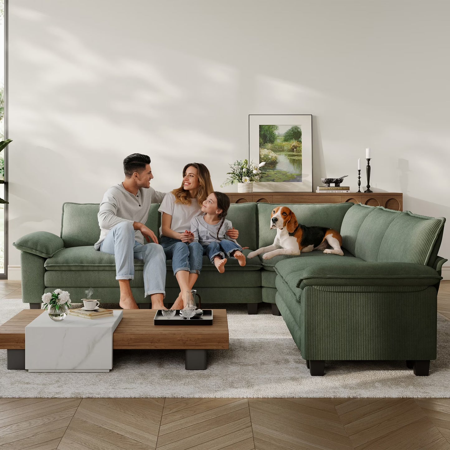 Linsy Home 153" Cloud Modular Sectional Sofa for Living Room, V-Shaped Cloud Sofa Couch with Corduroy Fabric, 5 Seat Oversized Couch with Corner Seat&Movable Ottoman, Green