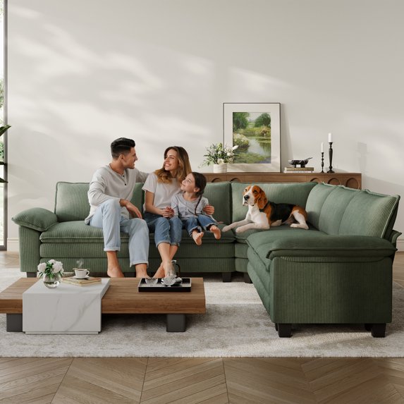 Linsy Home 123" Cloud Modular Sectional Sofa for Living Room, L-Shaped Cloud Sofa Couch with Corduroy Fabric, 3 Seat Oversized Couch with Movable Ottoman, Green