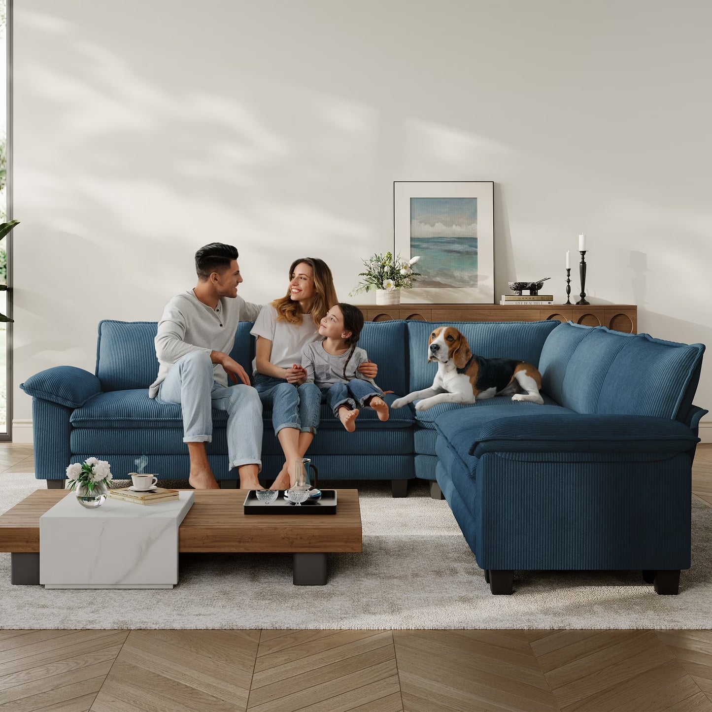 Linsy Home 153" Cloud Modular Sectional Sofa for Living Room, V-Shaped Cloud Sofa Couch with Corduroy Fabric, 5 Seat Oversized Couch with Corner Seat&Movable Ottoman, Green