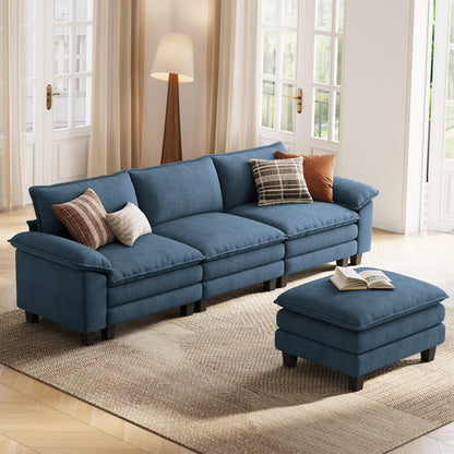 Linsy Home 123" Cloud Modular Sectional Sofa for Living Room, L-Shaped Cloud Sofa Couch with Corduroy Fabric, 3 Seat Oversized Couch with Movable Ottoman, Green