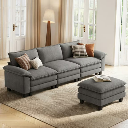 Linsy Home 123" Cloud Modular Sectional Sofa for Living Room, L-Shaped Cloud Sofa Couch with Corduroy Fabric, 3 Seat Oversized Couch with Movable Ottoman, Green
