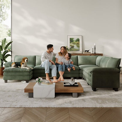Linsy Home 123" Cloud Modular Sectional Sofa for Living Room, L-Shaped Cloud Sofa Couch with Corduroy Fabric, 3 Seat Oversized Couch with Movable Ottoman, Green