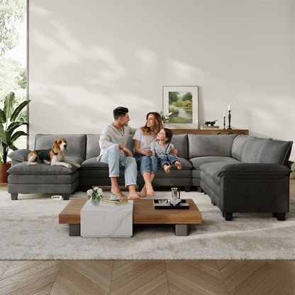 Linsy Home 123" Cloud Modular Sectional Sofa for Living Room, L-Shaped Cloud Sofa Couch with Corduroy Fabric, 3 Seat Oversized Couch with Movable Ottoman, Green