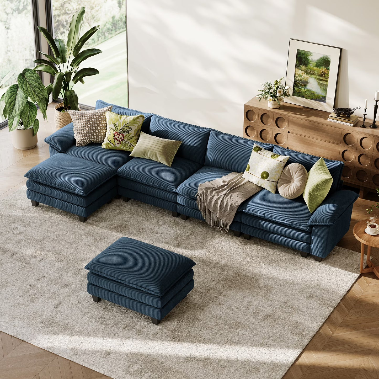 Linsy Home 153" Cloud Modular Sectional Sofa for Living Room, V-Shaped Cloud Sofa Couch with Corduroy Fabric, 5 Seat Oversized Couch with Corner Seat&Movable Ottoman, Green