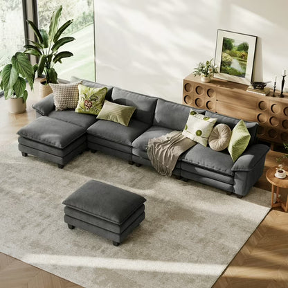 Linsy Home 123" Cloud Modular Sectional Sofa for Living Room, L-Shaped Cloud Sofa Couch with Corduroy Fabric, 3 Seat Oversized Couch with Movable Ottoman, Green
