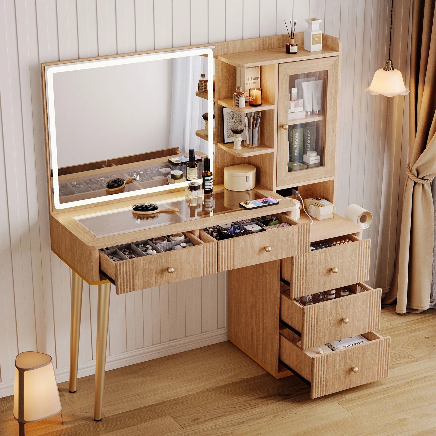 Linsy Home 48" Fluted Makeup Vanity With Mirror and Lights, Glass Top Vanity Desk with 5 Drawers & Adjustable Cabinets & Open Shelfs, Dressing Table with Charging Station & Hair Dryer Rack
