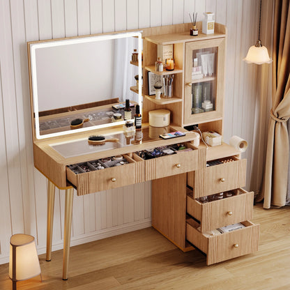 Linsy Home 48" Fluted Makeup Vanity With Mirror and Lights, Glass Top Vanity Desk with 5 Drawers & Adjustable Cabinets & Open Shelfs, Dressing Table with Charging Station & Hair Dryer Rack