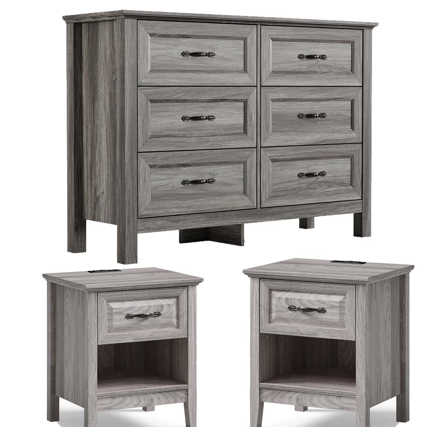 Linsy Home Farmhouse Bedroom Set, 3 Pieces Bedroom Furniture Set Include 6 Drawer Dresser, Nightstands for Bedroom Set of 2
