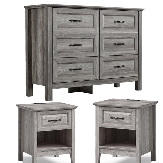 Linsy Home Farmhouse Bedroom Set, 3 Pieces Bedroom Furniture Set Include 6 Drawer Dresser, Nightstands for Bedroom Set of 2