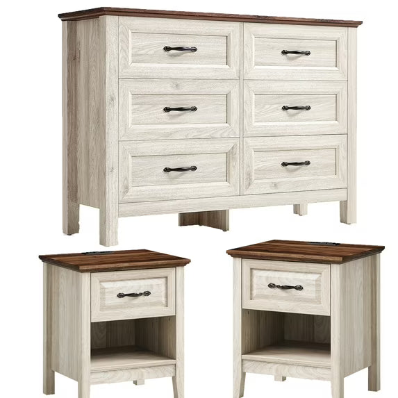 Linsy Home Farmhouse Bedroom Set, 3 Pieces Bedroom Furniture Set Include 6 Drawer Dresser, Nightstands for Bedroom Set of 2
