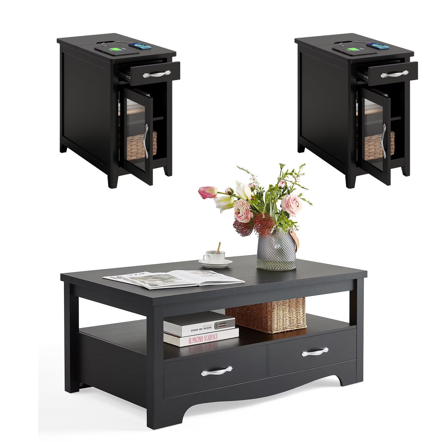 Linsy Home Farmhouse Coffee Table Sets 3 Pieces, Wood Living Room Table Set Include 41" Coffee Table, End Table Set of 2