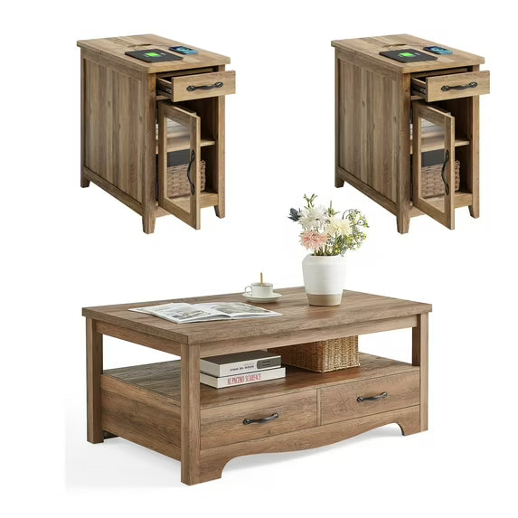 Linsy Home Farmhouse Coffee Table Sets 3 Pieces, Wood Living Room Table Set Include 41" Coffee Table, End Table Set of 2