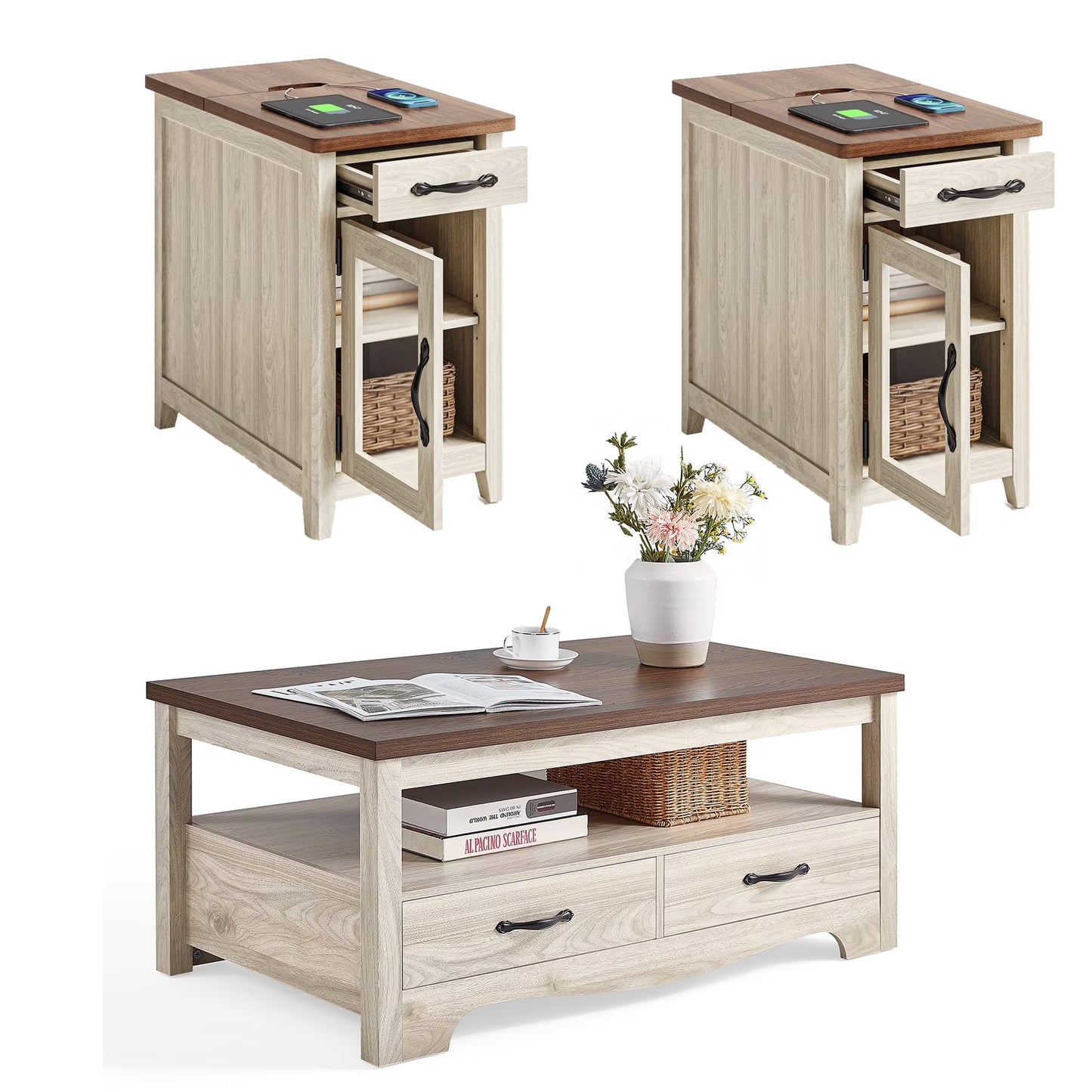 Linsy Home Farmhouse Coffee Table Sets 3 Pieces, Wood Living Room Table Set Include 41" Coffee Table, End Table Set of 2