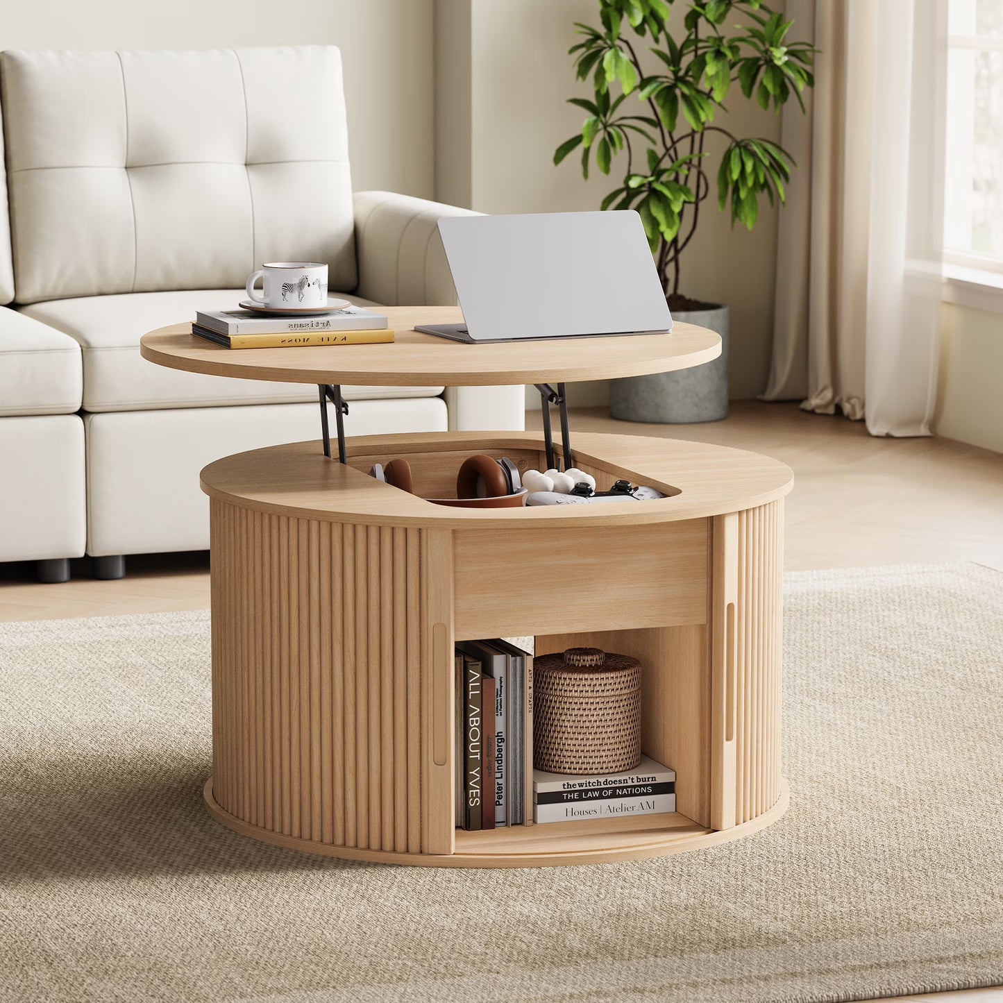 Linsy Home Lift Top Fluted Coffee Table with Storage, Mid-Century Coffee Table for Living Room with Sliding Tambour Door