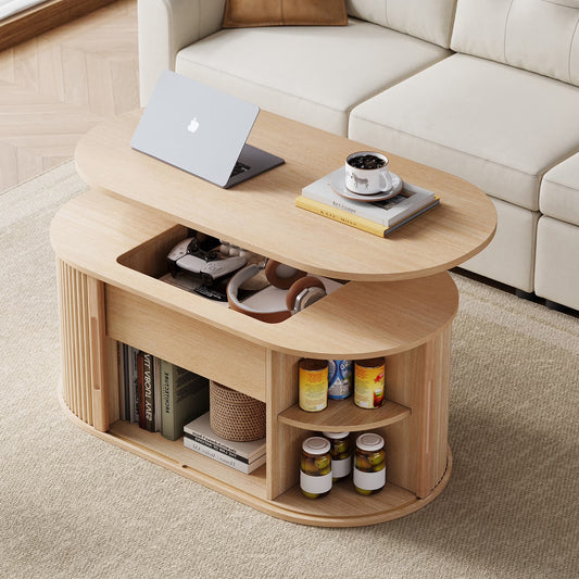 Linsy Home Lift Top Fluted Coffee Table with Storage, Mid-Century Coffee Table for Living Room with Sliding Tambour Door