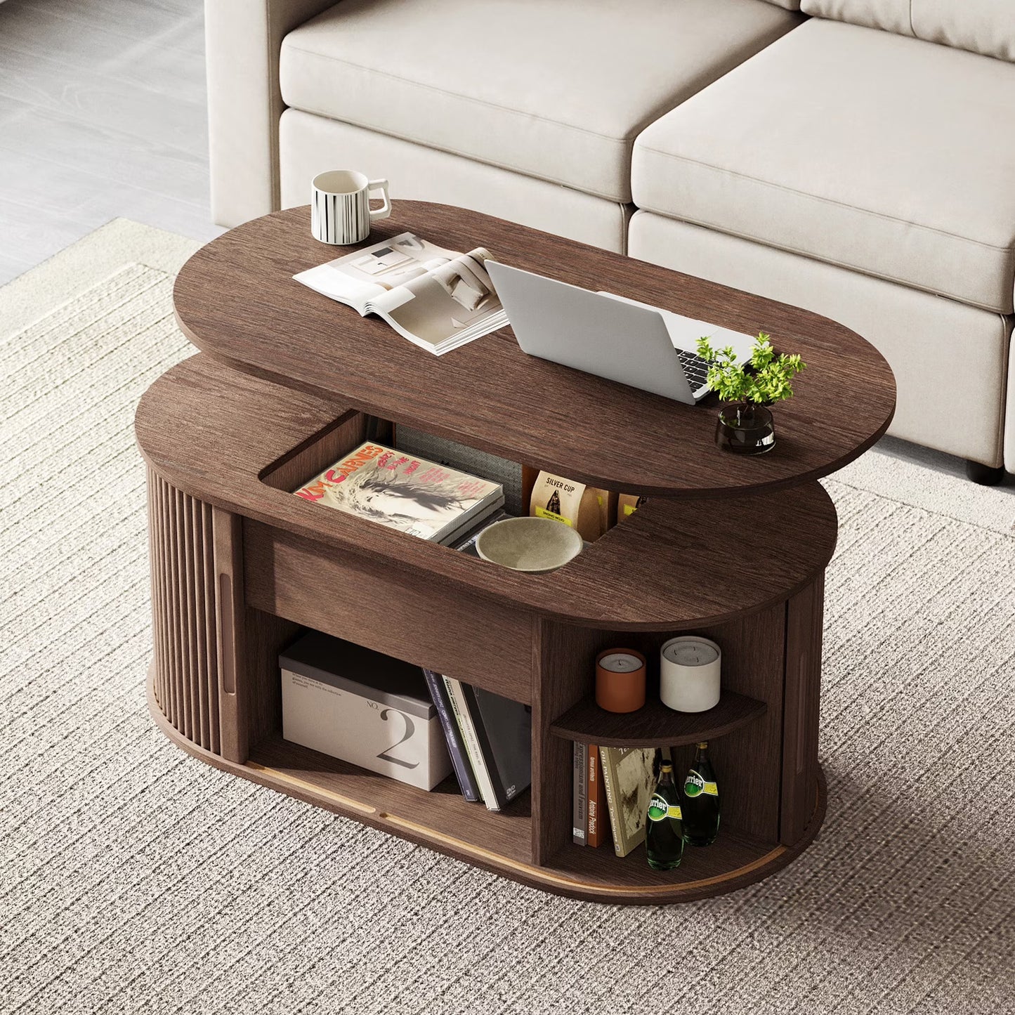 Linsy Home Lift Top Fluted Coffee Table with Storage, Mid-Century Coffee Table for Living Room with Sliding Tambour Door