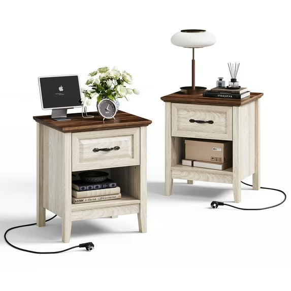 Linsy Home Nightstand for Bedroom with Charging Station, Farmhouse End Tables for Living Room with Drawer