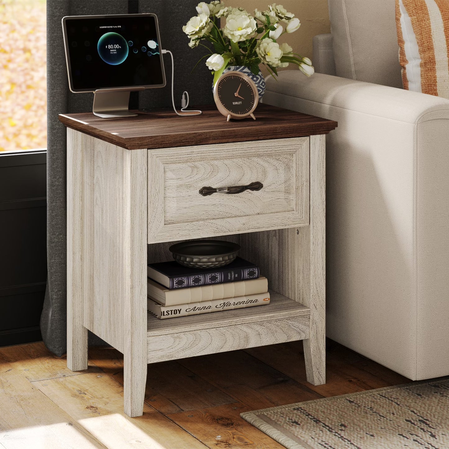 Linsy Home Nightstand for Bedroom with Charging Station, Farmhouse End Tables for Living Room with Drawer