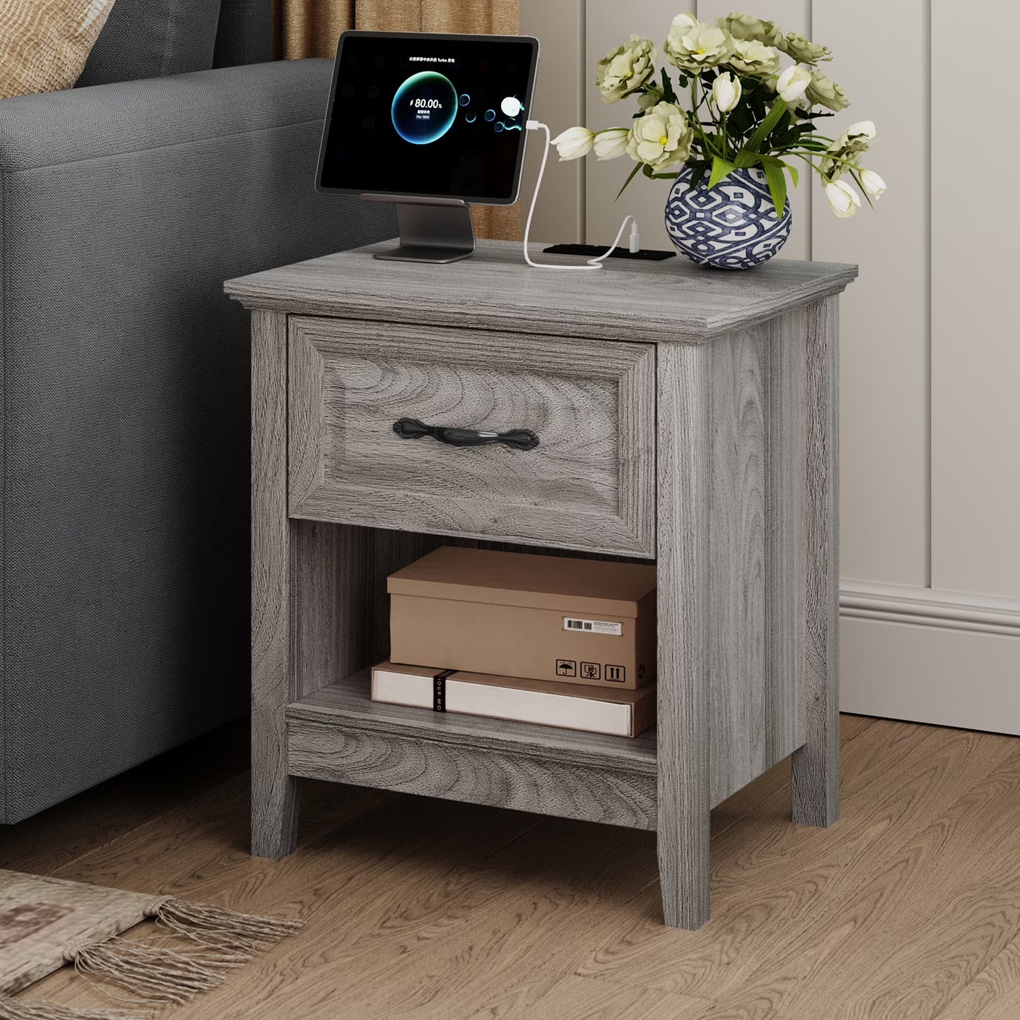 Linsy Home Nightstand for Bedroom with Charging Station, Farmhouse End Tables for Living Room with Drawer