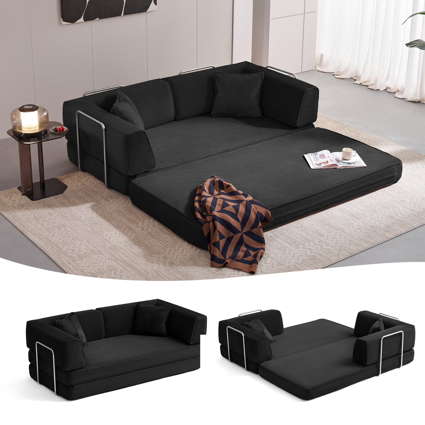 Linsy Home Oversized Corduroy Futon Sofa Bed Couch, Convertible Boneless Cloud Couch Bed, King Size Sleeper Sofa Bed With Fixed-Shape Frame, No Assembly Required