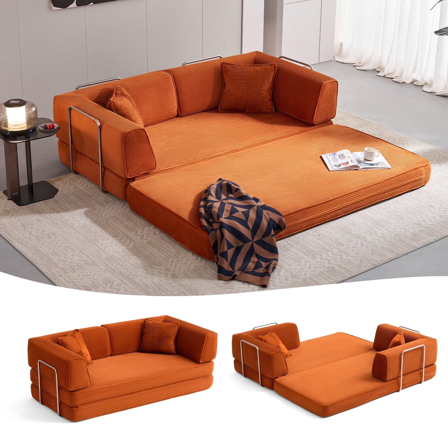 Linsy Home Oversized Corduroy Futon Sofa Bed Couch, Convertible Boneless Cloud Couch Bed, King Size Sleeper Sofa Bed With Fixed-Shape Frame, No Assembly Required